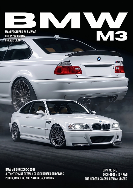 sleek white BMW M3 E46 Coupe car poster / PLATINA