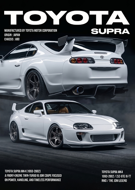 sleek White Toyota Supra MK4 car poster / PLATINA