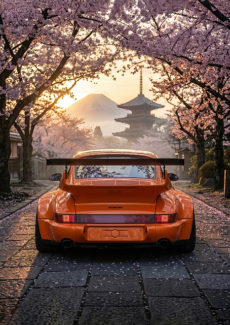 sleek Orange sport classic car RWB with Mount Fuji in Japanese / PLATINA