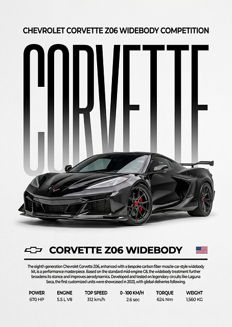 sleek Chevrolet Corvette Z06 Widebody car poster / PLATINA