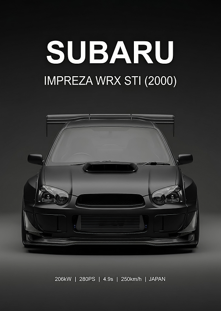sleek black Subaru Impreza WRX STI 2000 car poster / PLATINA