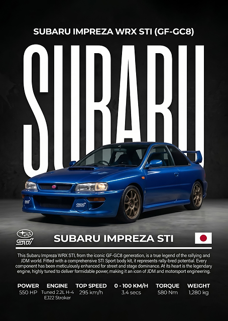 sleek Subaru Impreza WRX STI 1990 car Poster / PLATINA