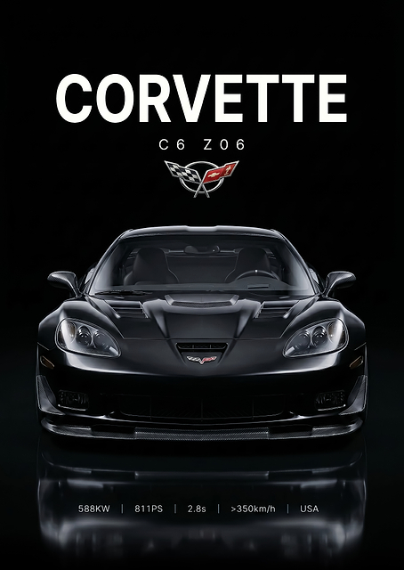sleek Black Corvette C6 Z06 car poster / PLATINA