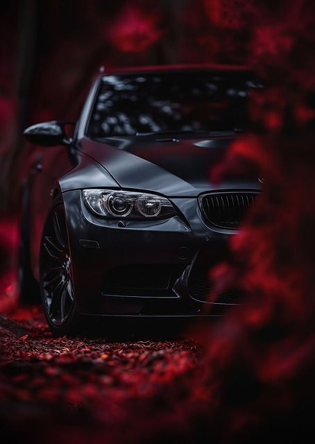 close up Matte Black BMW M3 in Autumn poster / PLATINA