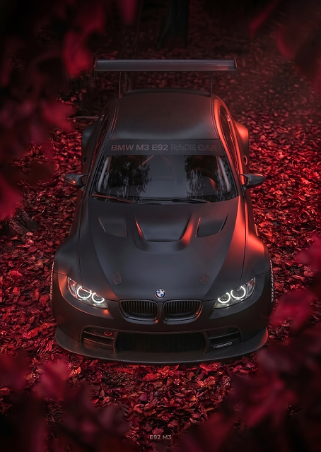 Matte Black BMW M3 E92 Race Car in autumn art poster / PLATINA