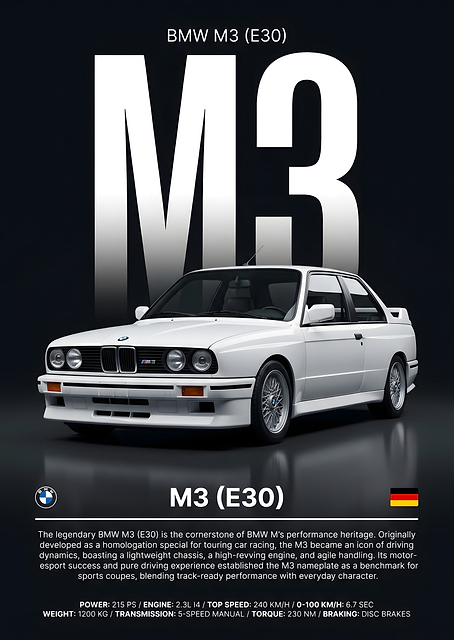 BMW M3 E30 Automotive Poster / PLATINA