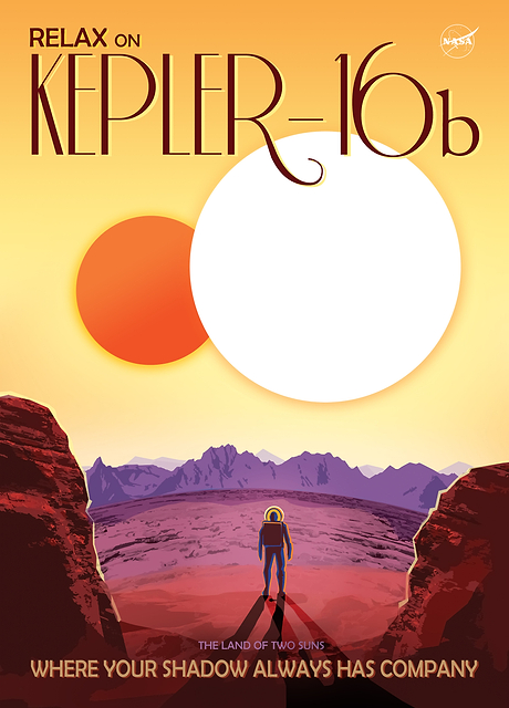 This captivating digital artwork is an homage to vintage space travel posters, inviting viewers to embark on a journey to Kepler-16b. Rendered with bold colors and a minimalist design, the scene features a lone astronaut standing on an otherworldly rocky landscape.