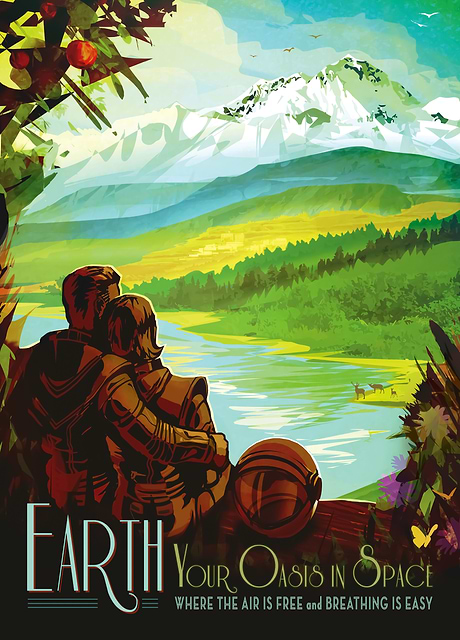 Step into the captivating world of vintage travel posters with Earth Oasis in Space. This digital artwork combines a touch of nostalgia with a sci-fi twist, transporting you to the wonders of outer space. 