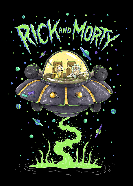 Immerse yourself in the whimsical world of Spaceship, an exclusive piece from our Psychedelic Monsters collection, where the adventurous duo Rick Sanchez and Morty Smith from Adult Swim`s beloved animation embark on interstellar escapades.
