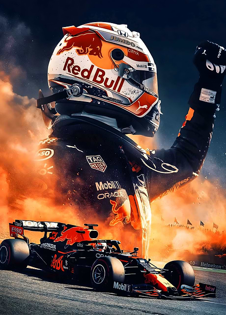 The artwork is a digital painting of Formula 1 driver Max Verstappen celebrating his victory in the 2021 Monaco Grand Prix. 