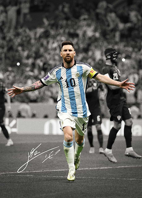 Lionel Messi, wearing the iconic light blue and white striped jersey of the Argentina national team, celebrates a goal with his arms raised in the air. He is running towards the camera, his face filled with joy and determination.