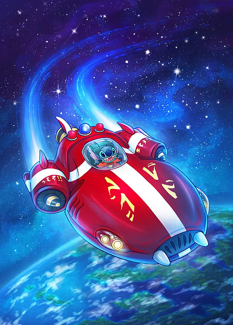 Officially licensed Disney Stitch metal poster features Stitch, the beloved alien character from Disney's Lilo & Stitch, piloting a red spaceship through space.