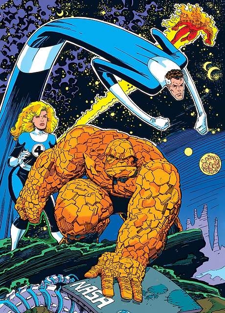 This poster showcases the Fantastic Four, Marvel Comics first family of superheroes, in the vast expanse of space. Mr. Fantastic stretches his elastic body across the top of the frame, while the Human Torch blazes a fiery trail.