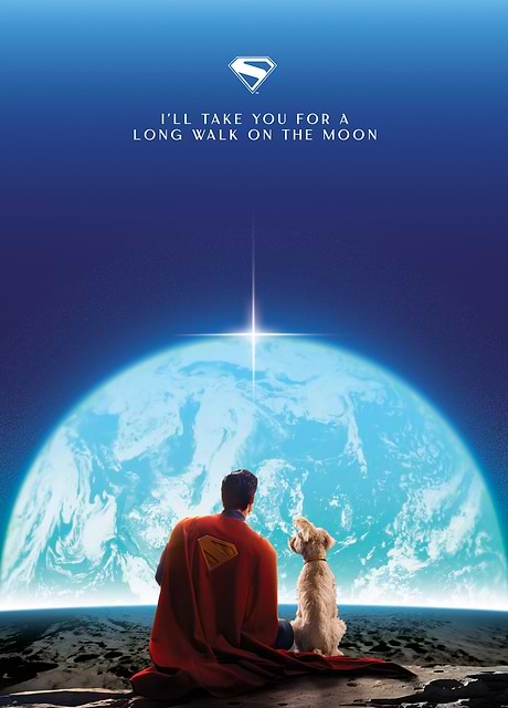 Superman, identifiable by his iconic red cape and S-shield, sits on the lunar surface alongside his canine companion, Krypto the Superdog. 