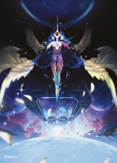 A celestial, angelic figure with a shimmering, cosmic body and large feathered wings floats centrally in a vast, star-filled cosmic setting.