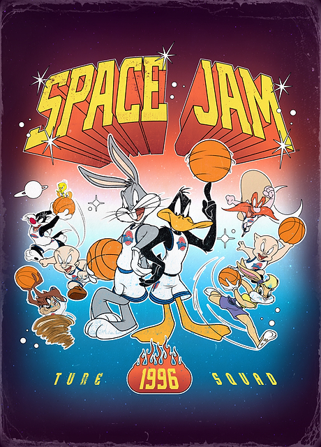 Relive the epic intergalactic basketball showdown with this dynamic artwork, showcasing the beloved Looney Tunes characters from 'Space Jam' in full action. 