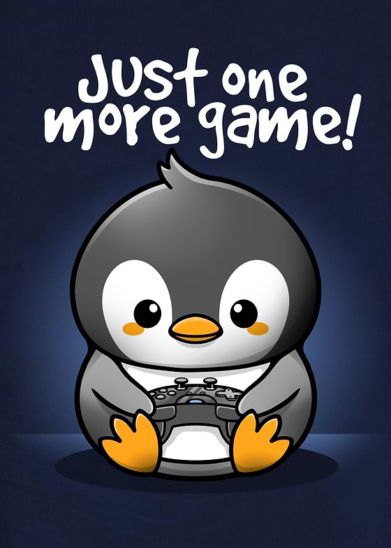 A cute cartoon penguin wearing a headset and holding a video game controller. The penguin is sitting on a dark blue background with the text 'Just one more game!' in white letters at the top of the image.