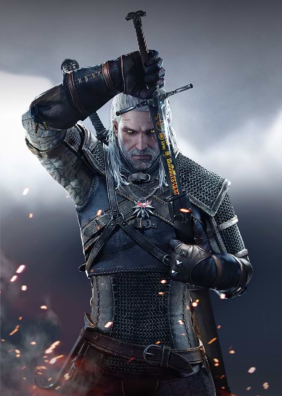 This captivating digital artwork titled Geralt Sword is a must-have for fans of the Witcher Wild Hunt series. The image showcases a medieval fantasy warrior wearing intricate chainmail armor, with a commanding sword resting on his shoulder. 