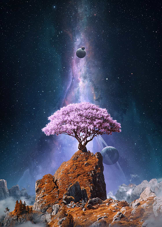 KA surreal and vibrant digital painting of a large, pink tree with a full canopy of blossoms. 
