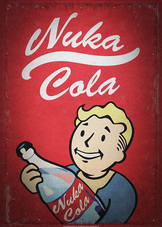 Step into the post-apocalyptic world of Fallout with this stunning digital artwork titled Vault Boy Ad. Inspired by the iconic Nuka Cola brand, this piece takes you back in time with its retro-style advertisement. The artwork showcases a cartoon character at its center, exuding an infectious smile and excitement while holding a bottle of Nuka Cola. With a color palette dominated by reds and faded textures reminiscent of aged metal signage, it effortlessly captures the essence of mid-20th-century Americana nostalgia. Perfect for fans of retro gaming or vintage advertising designs, this artwork brings that classic vibe to life in your space.