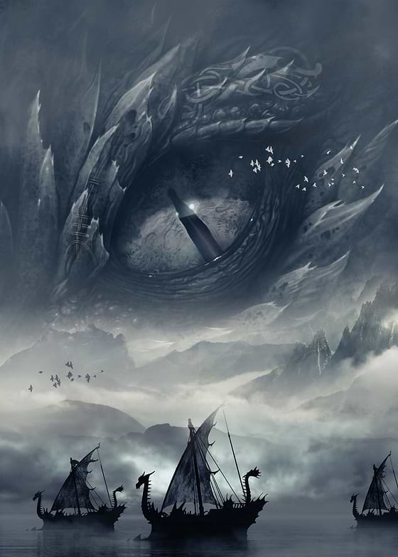 Jörmungandr is the World Serpent who encircles the realm of Midgard. Viking ships are sailing under his ever watchful eye in the gloom.