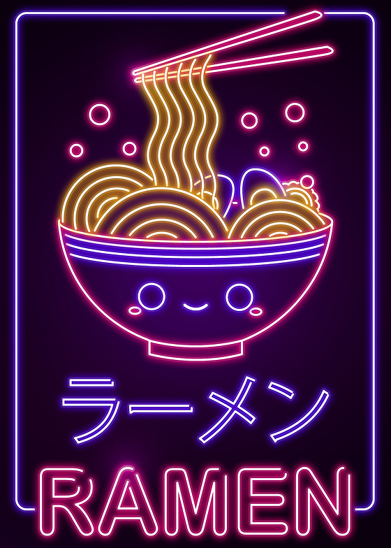 A bowl of ramen with chopsticks on a table. The bowl is smiling and has a pair of eyes.
