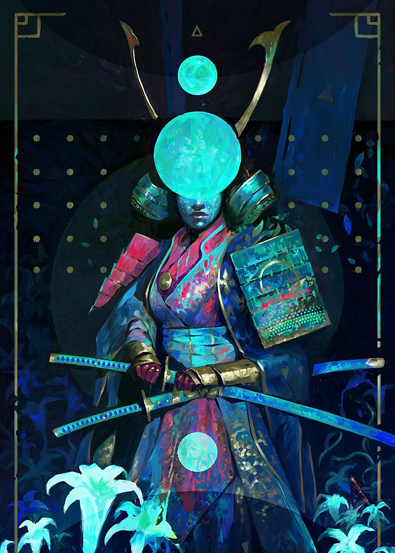 The artwork depicts a samurai warrior, standing in a field of flowers under a night sky illuminated by a full moon.
