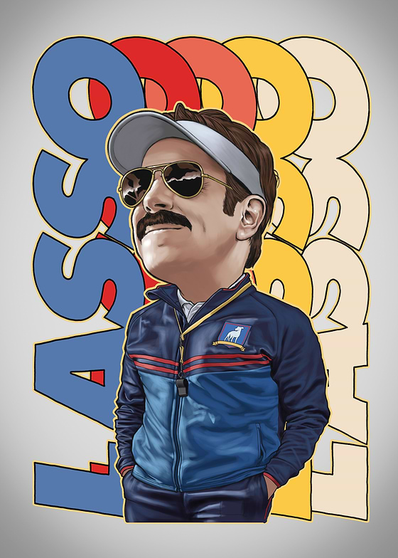 Immerse yourself in the whimsical world of Ted Lasso with our digital tribute to the beloved TV series icon. Captured in a dynamic, bobblehead-inspired caricature, this one-of-a-kind piece features Jason Sudeikis`s alter ego suited up in his distinctive AFC Richmond blue tracksuit trimmed with red and white—a subtle nod to football fervor. His signature mustache is on full display alongside a playful wink hidden beneath trendy shades. The backdrop pops with TED LASSO lettering that exudes the show`s infectious optimism and cheerfulness. Part of our exclusive Celebrities, Sport, and TV Shows collection named `Bobbleheads,` it infuses your space with sanguine charm while celebrating modern television culture.