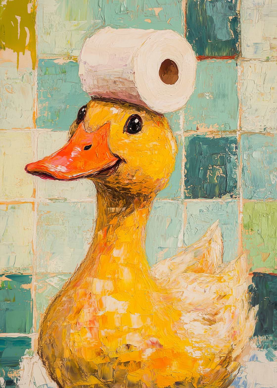 A cheerful yellow duck with a bright orange beak is the main subject of this oil painting.