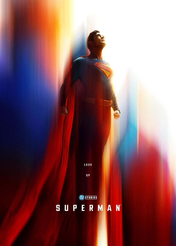 High-quality metal wall art featuring the artwork of the 2025 Superman Theatrical Movie poster in stunning hues. We see Superman, played by David Coronswet in flight against a dramatic color field.