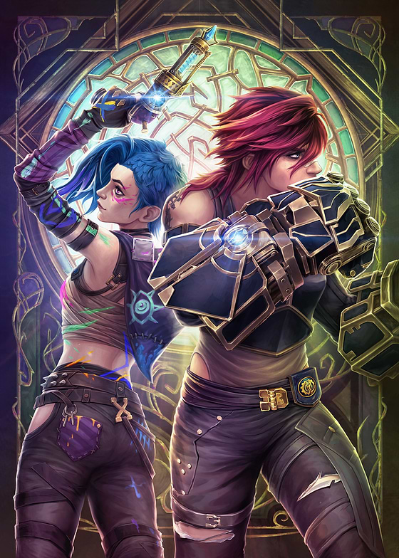 The artwork showcases sisters Jinx and Vi, main characters in Arcane, standing back-to-back in a powerful pose. Jinx, with her signature blue hair and vibrant attire, wields her iconic Zapper gun. Vi, sporting her red hair and a more rugged outfit, displays her Hextech gauntlets. The background features intricate gold and green details, reminiscent of the architecture and design of the city of Zaun, one of the primary settings in the series.