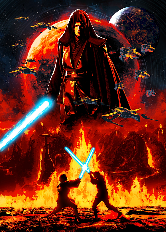 Officially licensed Star Wars™ metal poster celebrating 20th Anniversary of 'Revenge Of The Sith'. This artwork depicts the duel on Mustafar with Darth Vader looming in the background.