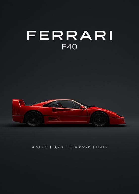A minimalist poster featuring a sleek, red Ferrari F40 sports car against a dark gray background. 