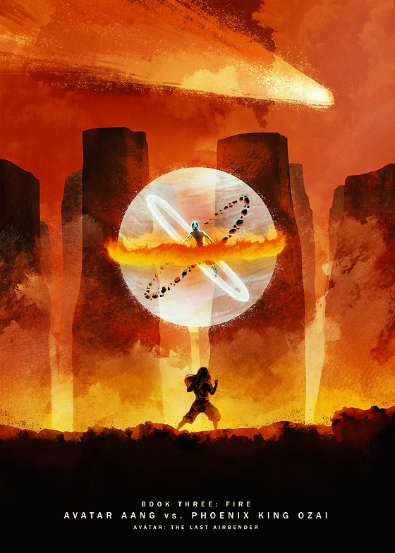 This digital painting depicts a dramatic scene from Avatar: The Last Airbender, Book Three: Fire. Avatar Aang confronts Fire Lord Ozai in a fiery, intense battle. Aang is seen within a swirling sphere of fire and energy, while Ozai stands below, ready to fight. The background features a fiery, ominous landscape, with tall rock formations and a comet streaking across the sky. The image captures the epic scale and emotional weight of the final confrontation.