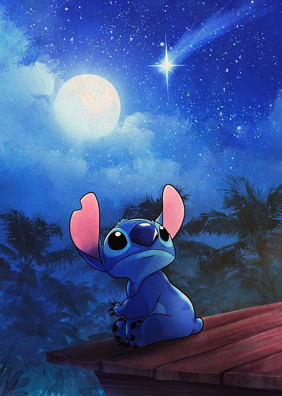 This poster features Stitch, the beloved blue alien from Disney's Lilo & Stitch, sitting on a wooden rooftop, amidst a lush tropical setting with palm trees silhouetted against a vibrant night sky. Stitch is gazing upwards at a shooting star, his large expressive eyes filled with wonder. 