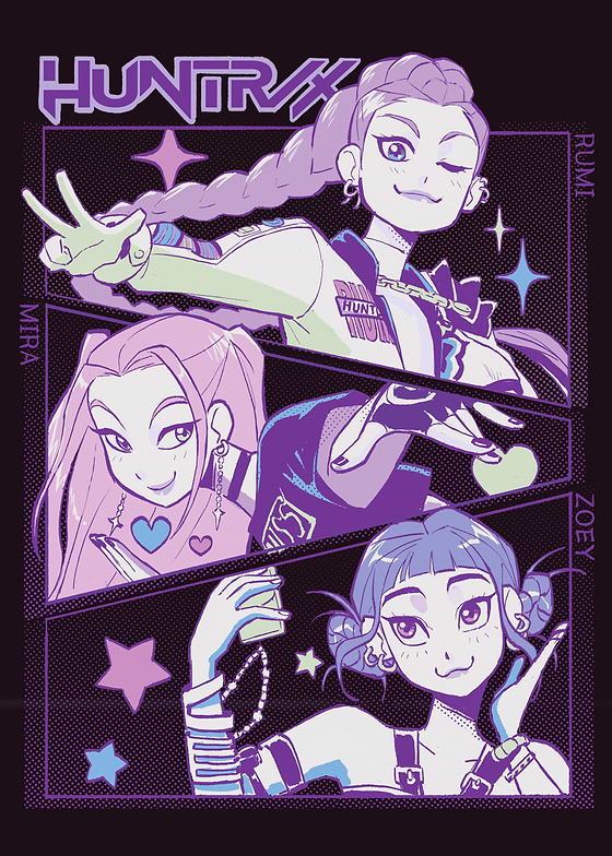 A digital artwork presents three stylized female characters, Rumi, Mira, and Zoey, each featured in a separate horizontal panel against a dark, stippled background. The vibrant color scheme primarily uses purples, pinks, and light greens. Rumi, with a braided ponytail, makes a peace sign; Mira, with long pink hair, gestures with a heart; and Zoey, with pigtails, holds a string of beads. The title 'HUNTRX' appears at the top left.