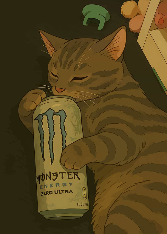 A digital illustration depicts a tabby cat sleeping while embracing a can of Monster Energy Zero Ultra.