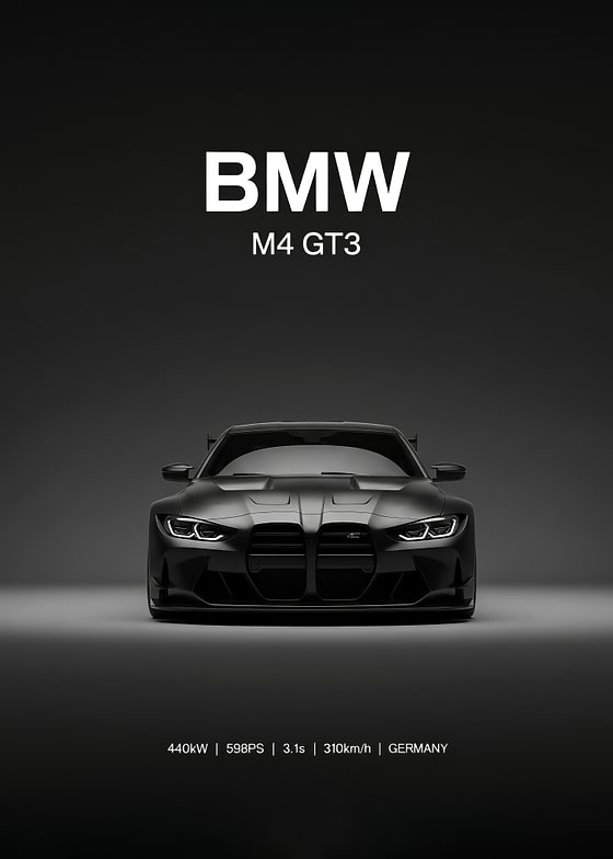 The image features a front view of a black BMW M4 GT3 against a dark gray gradient background. 