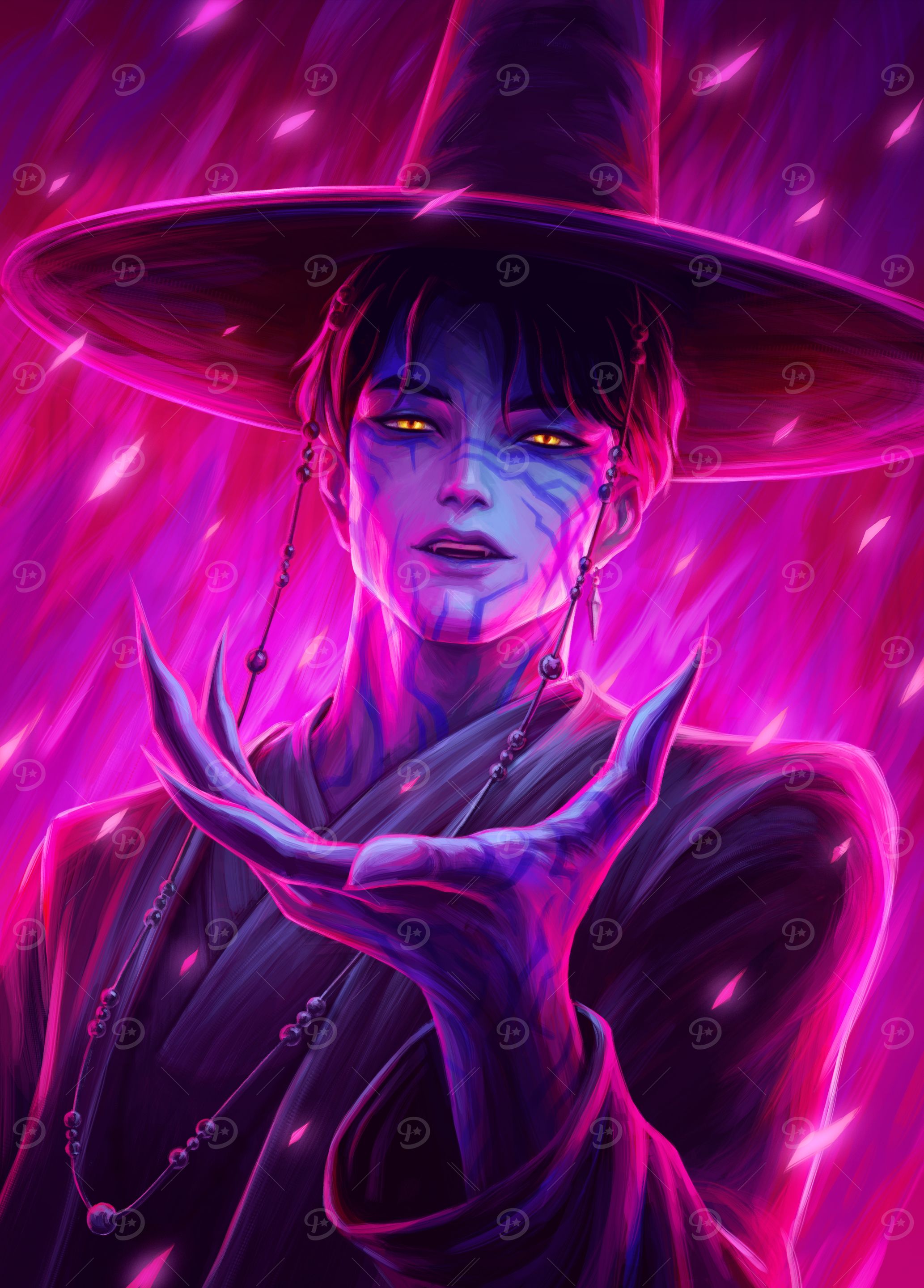 A striking portrait of Jinu from Saja Boys, imagined with glowing eyes and mystical markings. The vivid pink and purple tones give him a powerful, otherworldly presence.