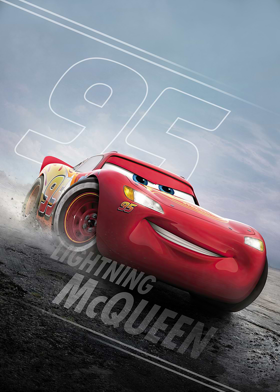 Lightning McQueen, the red anthropomorphic stock car from Disney/Pixar's Cars, is captured in a dynamic low-angle shot, drifting on a dark, textured asphalt track. His iconic red body with yellow and orange flame decals and the number '95' are prominently featured, along with his wide grin and focused blue eyes.