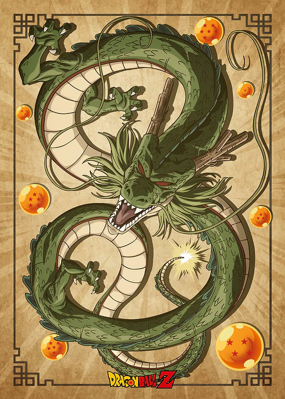 This metal poster features Shenron, the Eternal Dragon from Dragon Ball Z, coiled dynamically across a textured beige background with a sunburst effect.