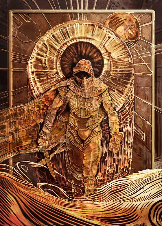 Officially licensed Dune metal print. Paul Atreides emerges, radiating enigmatic power. In intricate metallic relief of gold, bronze, copper, a cloaked, masked Paul wields his Fremen dagger. A sun-like motif and flowing textures evoke Arrakis's ancient mystery and futuristic might. A must-have for Dune fans, collectors, or any who heed the call of the spice.