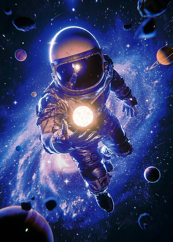 An astronaut floats in space, holding a bright, glowing star in their outstretched hand. The background is a vibrant, swirling galaxy with numerous stars and planets. The astronaut's suit is detailed and reflects the light from the star. The overall mood is awe-inspiring and surreal, with a sense of wonder and exploration.