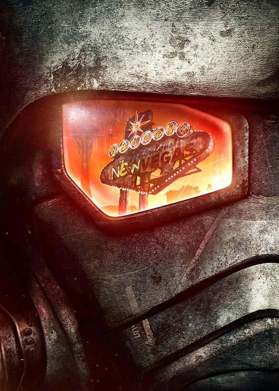 Immerse yourself in the Mojave with this officially licensed Fallout premium metal poster, a gritty depiction of a weathered Power Armor helmet. Its dark, metallic grey surface, scarred by rust and grime, vividly contrasts with the vibrant 'Welcome to Fabulous New Vegas' neon sign reflecting in its visor. Glowing orange, red, and yellow against a warm desert backdrop, it perfectly captures the dangerous allure of the wasteland. 