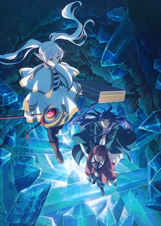 This officially licensed Frieren: Beyond Journey's End season 2 metal poster captures Frieren, Fern, and Stark exploring a luminous crystalline cavern. Frieren flies gracefully, staff in hand, as Fern and Stark gaze upwards, bathed in the cool blue glow of jagged crystals. It's a scene of quiet magic and exploration, perfect for any Frieren fan or fantasy art collector seeking a touch of serene adventure for their wall. An amazing gift for all anime fans.