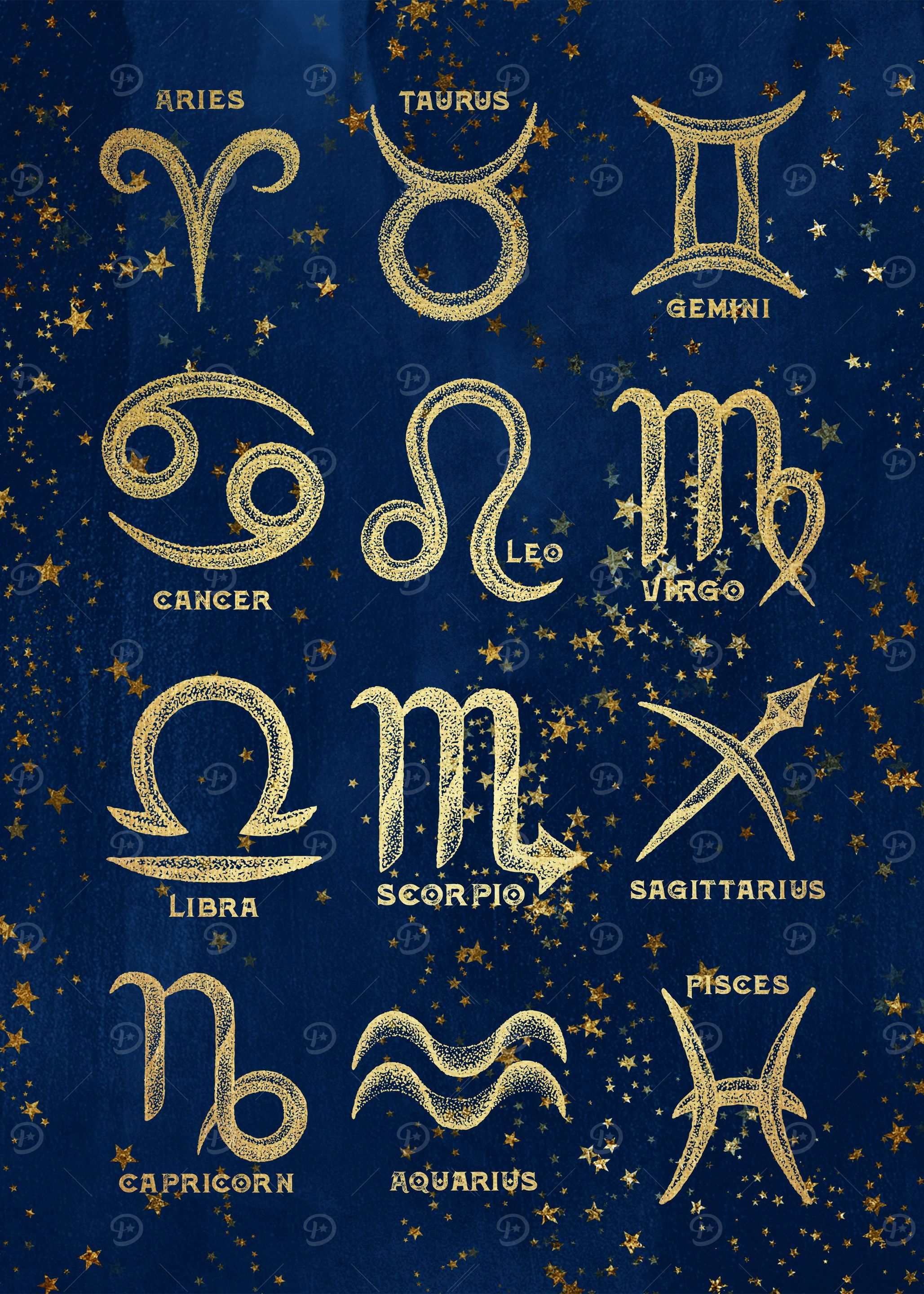 Twelve 12 Zodiac Signs. Antique Vintage Art Deco Esoter
