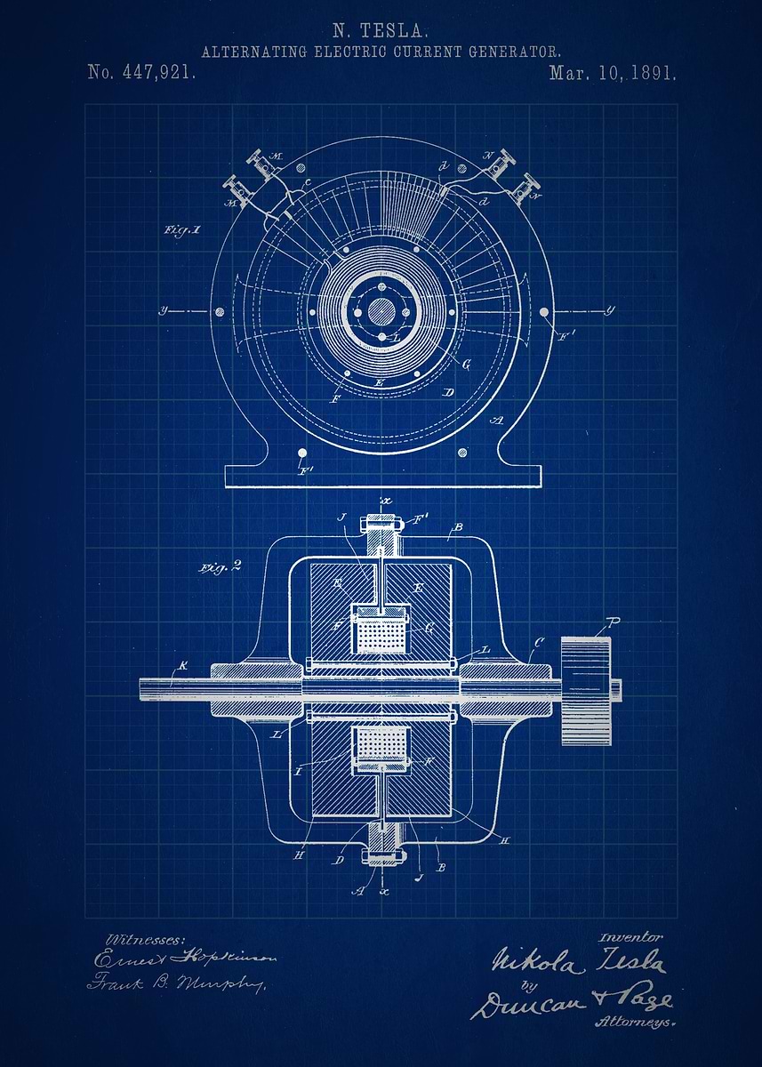 Nikola Tesla AC Current Generator Patent Wall Art Nikola Tesla AC Current Generator Patent Wall Art