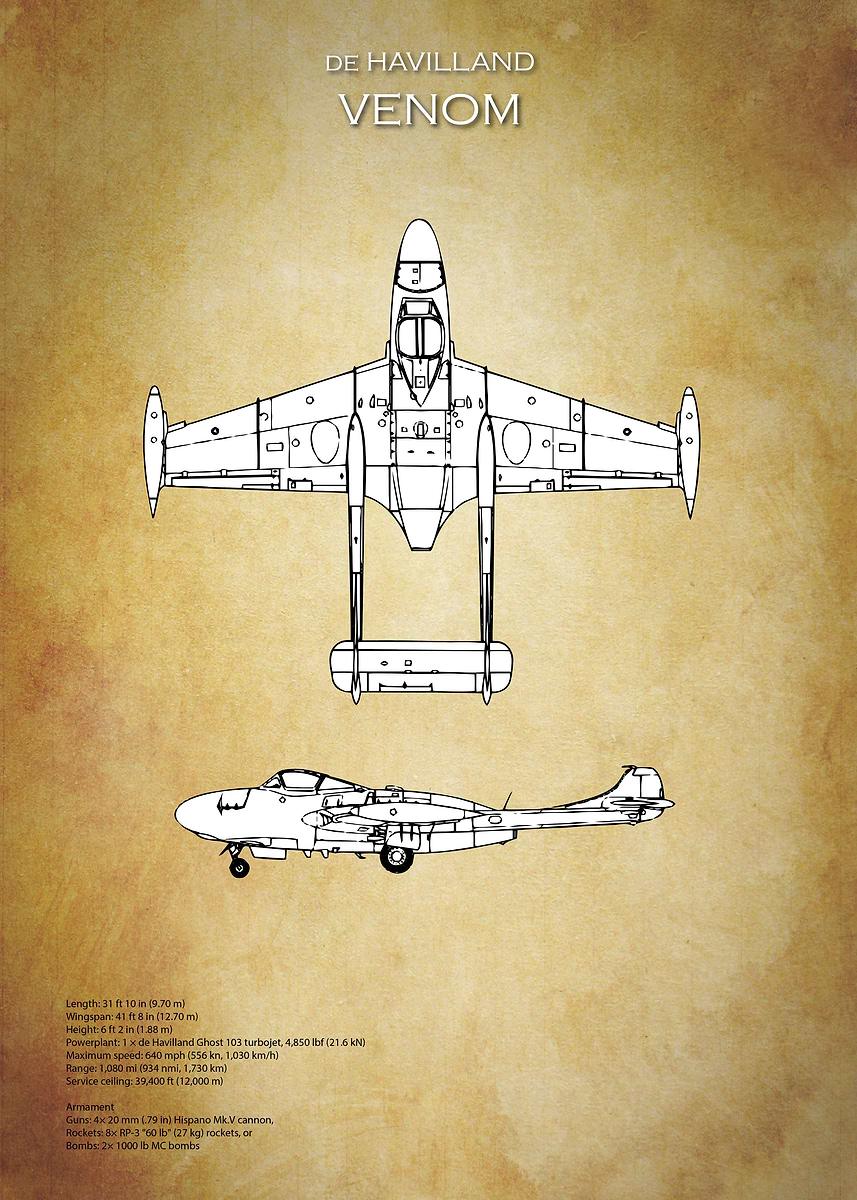 Deviltech Blueprint 'de Havilland Venom Blueprint' Poster, picture, metal print, paint by ...