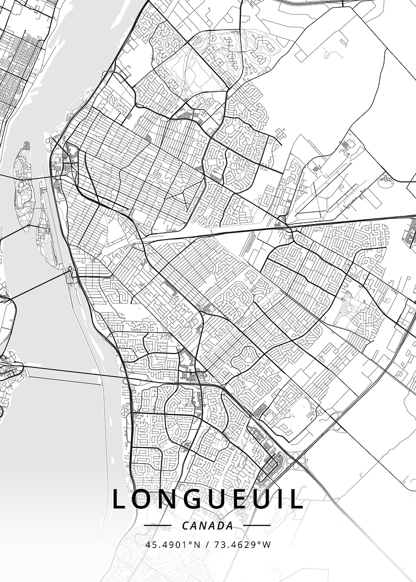 Longue Rive Map 'Longueuil, Canada' Poster, picture, metal print, paint by Designer Map ...