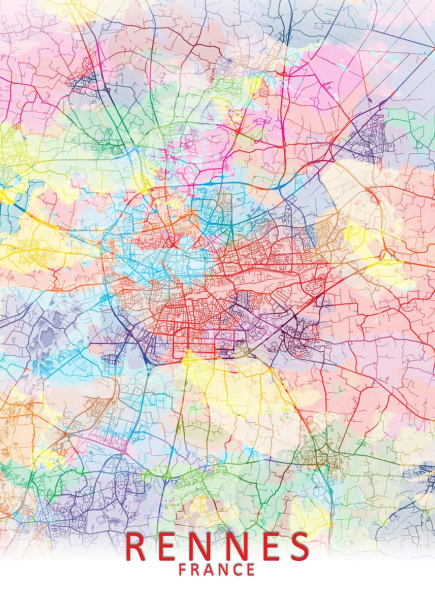 'Rennes Splash City Map' Poster, picture, metal print, paint by City ...